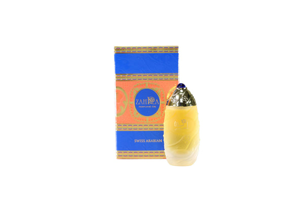 Zahra Perfume Oil in ornate bottle with blue and gold box, Swiss Arabian fragrance for men and women