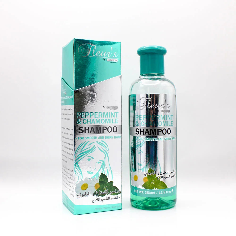 Fleur's Peppermint & Chamomile Shampoo for smooth, shiny hair – natural herbal formula in 350ml bottle and box