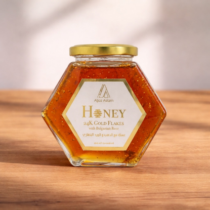 honey, liquid gold honey, 24k gold flakes, boosts immunity, help with memory, healthy skin, antioxidant-rich nutrition, promotes long-term health, gold flake honey, bulgarian honey, bulgarian rose honey with 24k gold flakes, premium honey, health and beauty benefits of bulgarian rose honey, organic bulgarian rose honey in Pakistan, organic honey, pure honey,